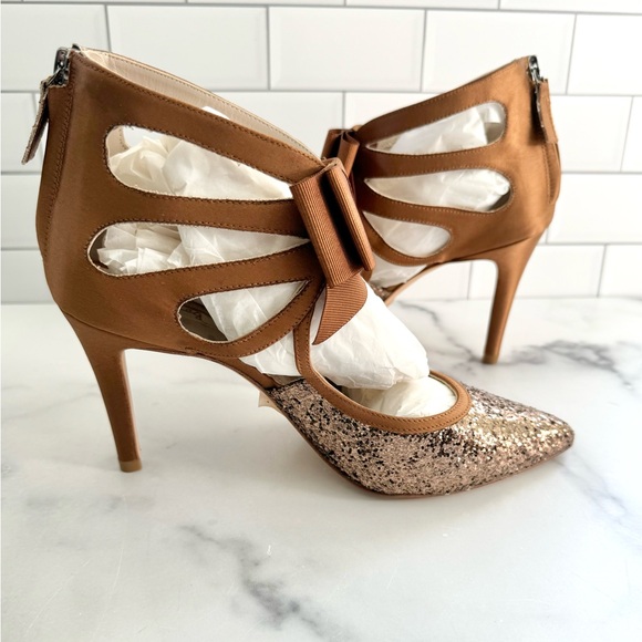 NWOT Boden Glitzy Bronze Satin Party Heels - Picture 5 of 9